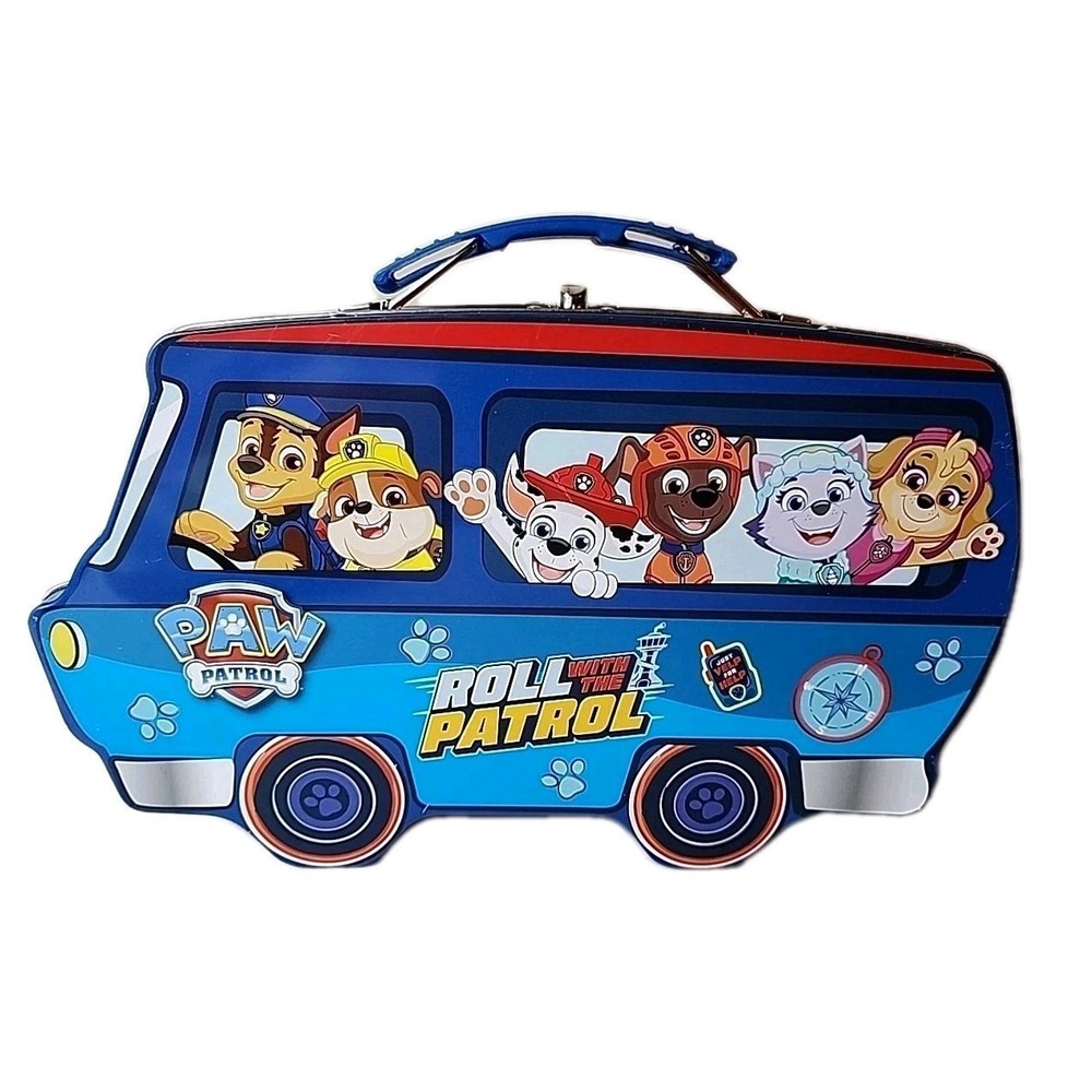Paw Patrol Van Shaped Tin Lunch Box Carrier Blue w/Handle & Clasp‎ Graphics Rare
